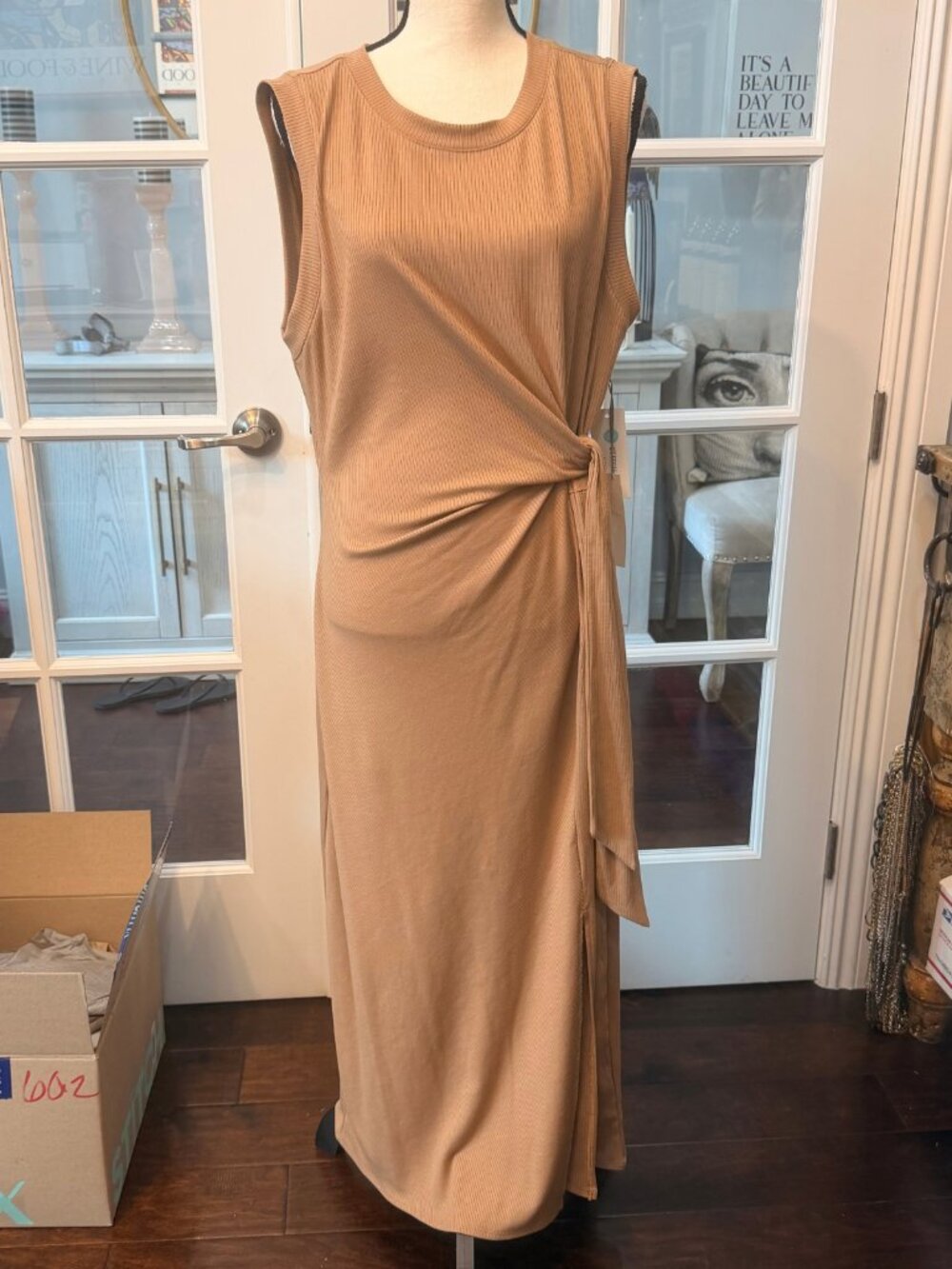 Nine Britton Womens Size XL Taupe Hadley Tie Midi Sleeveless Tie Wrap Dress Tan